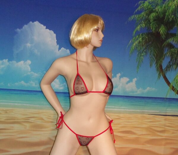Micro Scrunch butt Bikini flocked red hearts on mesh see thru w/ adj.top S/M - Image 6