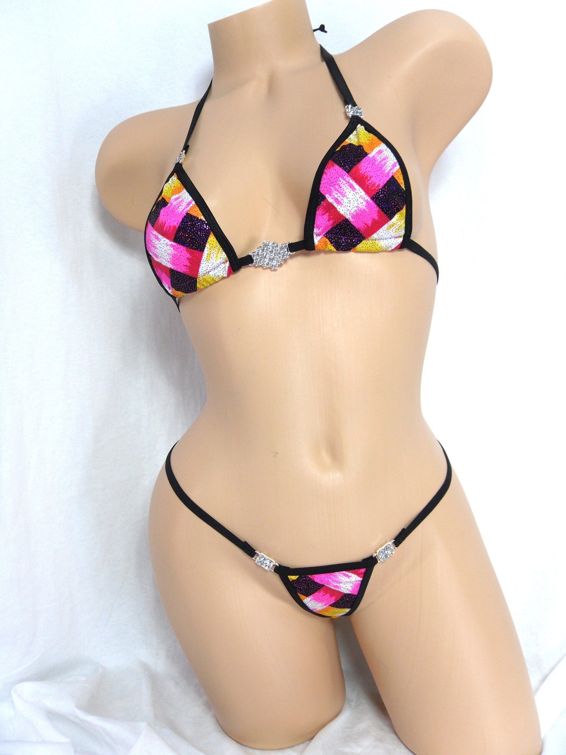 Sexy Micro Bikini with RHINESTONES! Pink, Purple and Gold Basket Weave with Black Trim - Image 5
