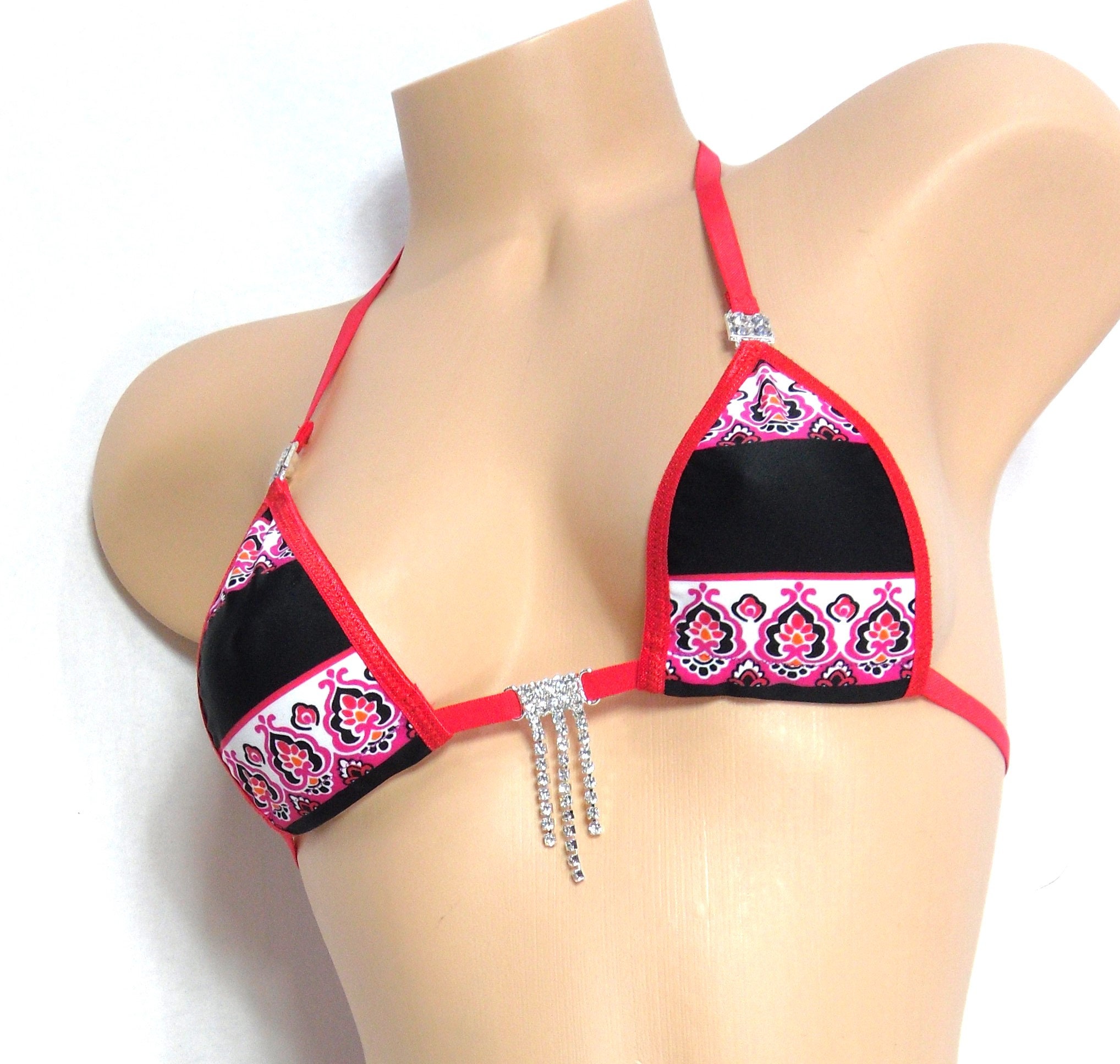 Micro G-String Bikini with RHINESTONES! Black with pink floral borders with red trim S/M - Image 6