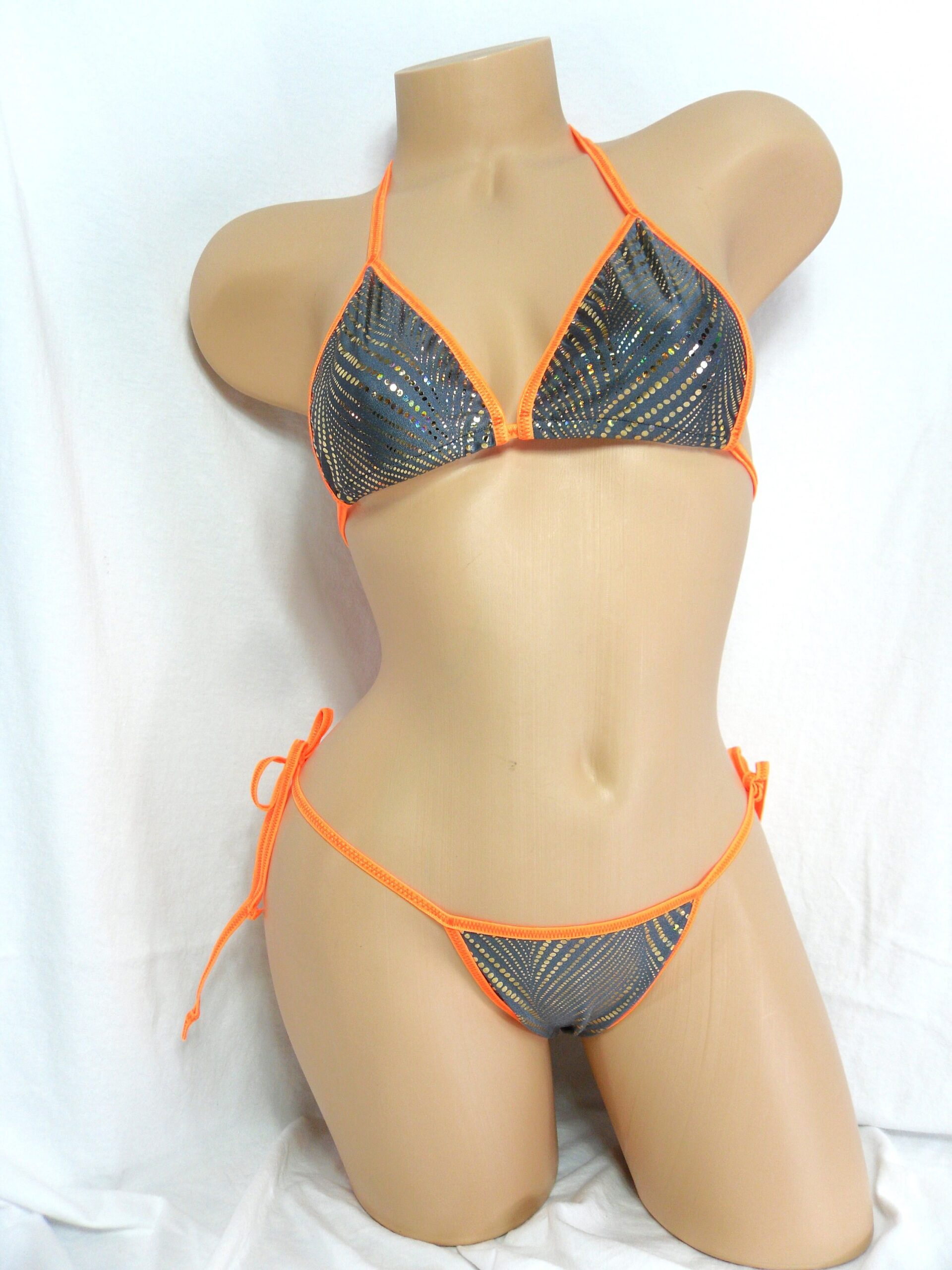 2pc scrunch butt bikini Gold Hologram dots on pewter w/adj.top & side tie bottom S/M - Image 5