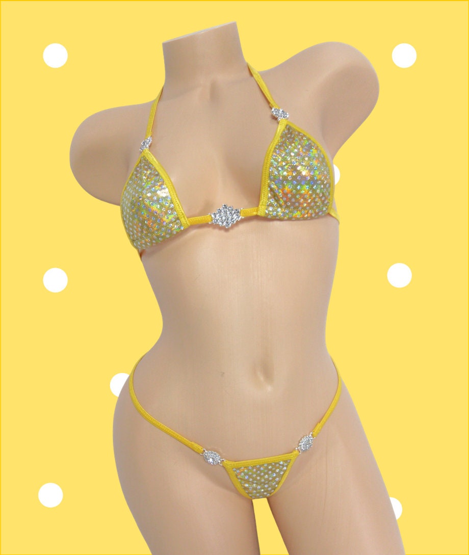 Micro G-string Bikini w/Rhinestones!- Gold Mystique with Silver Dots trimmed in Gold S/M - Image 5