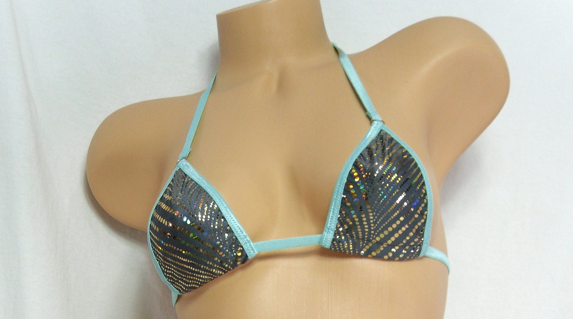 Micro G-String Bikini-Choice of Bottom-Gold Foil Dots on Pewter and Trimmed in Turquoise S/M - Image 6