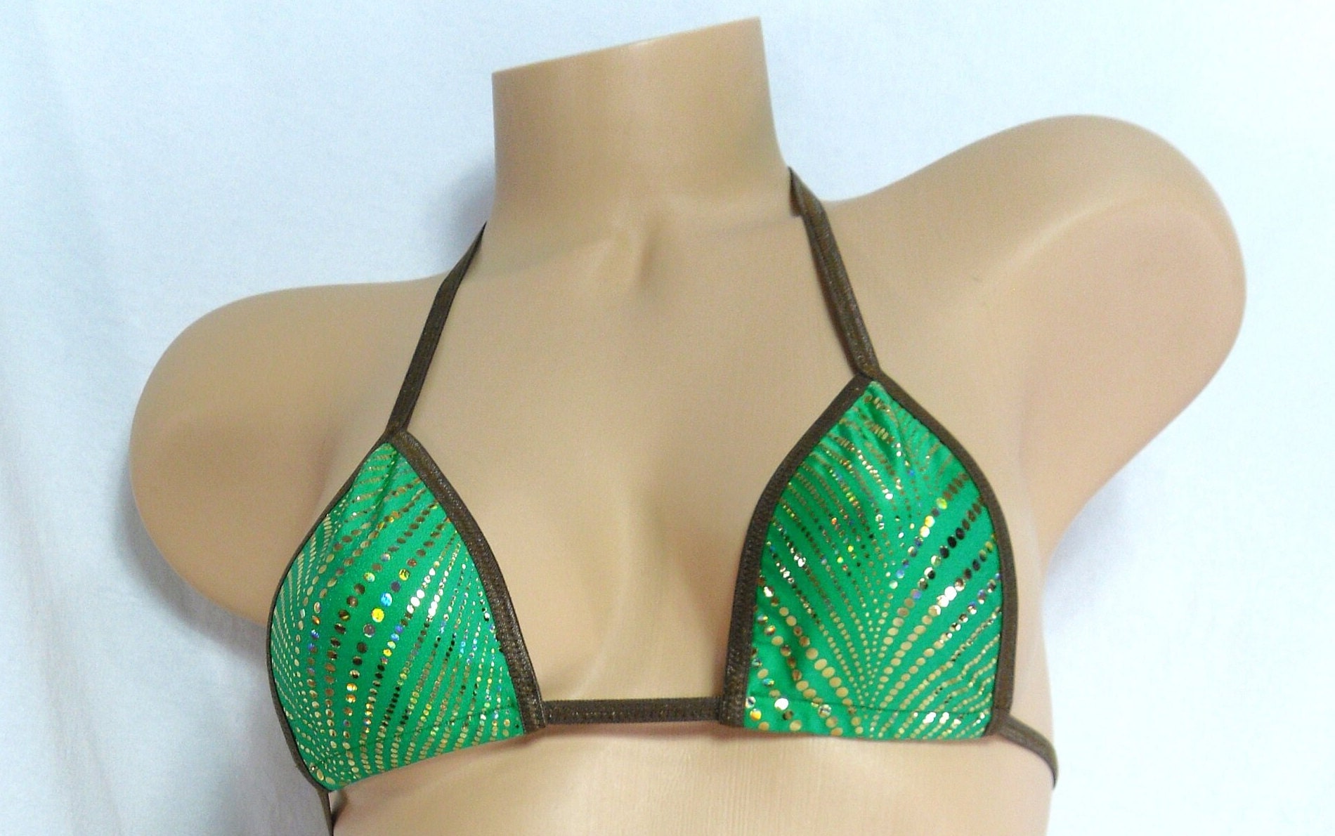 Micro Scrunch butt Bikini gold foil on green w/ adj.top & side tie Bottom S/M - Image 6