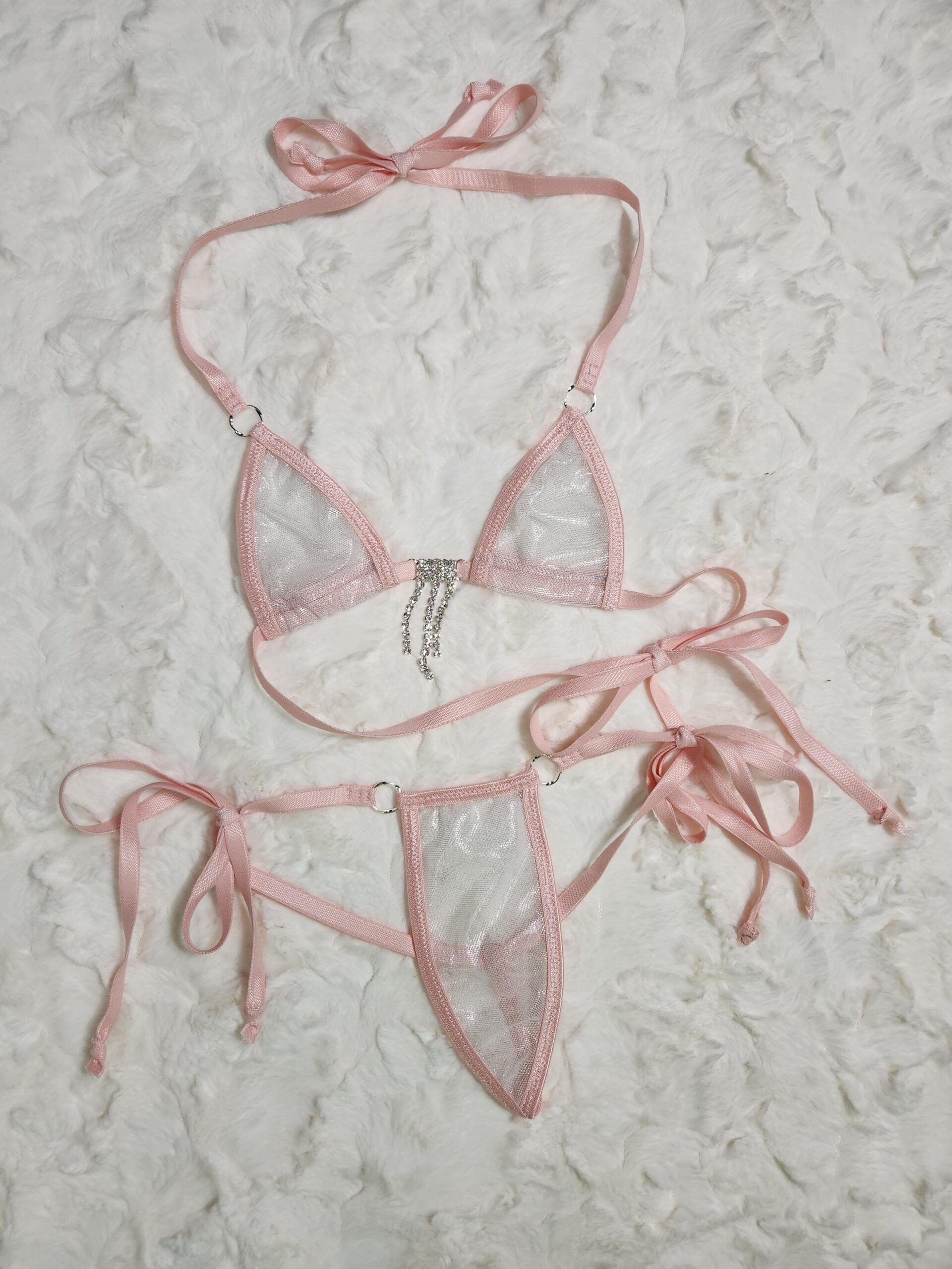 White/Silver Metallic Mesh-Lt. Pink Trim-Mini Micro Bikini w/Comfort Fit G-String-See Through-S/M - Image 5