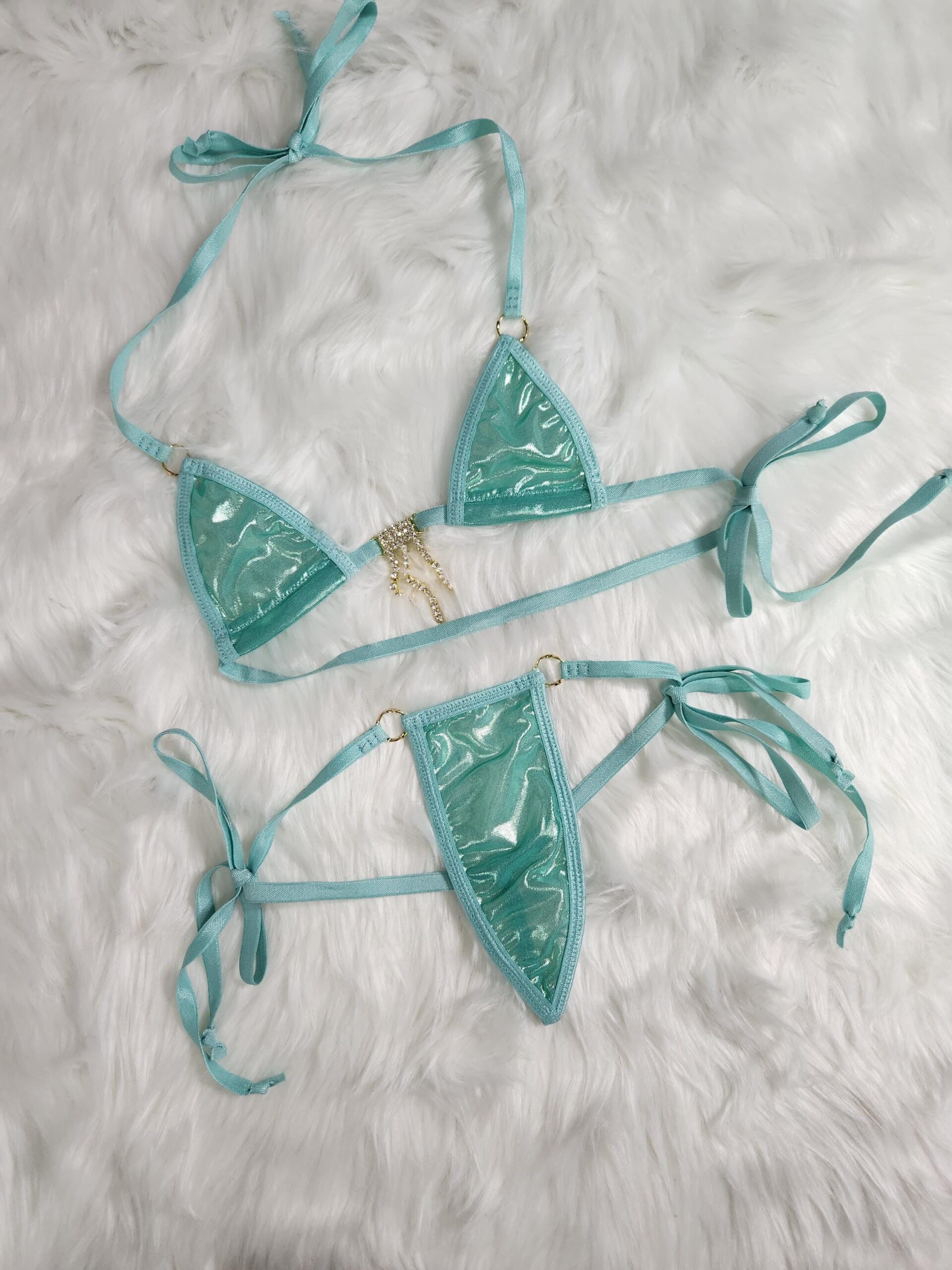 Mini Micro Bikini w/Choice of Comfort Fit G-String-Mint/Gold Metallic Mesh-Turquoise Trim-S/M - Image 6