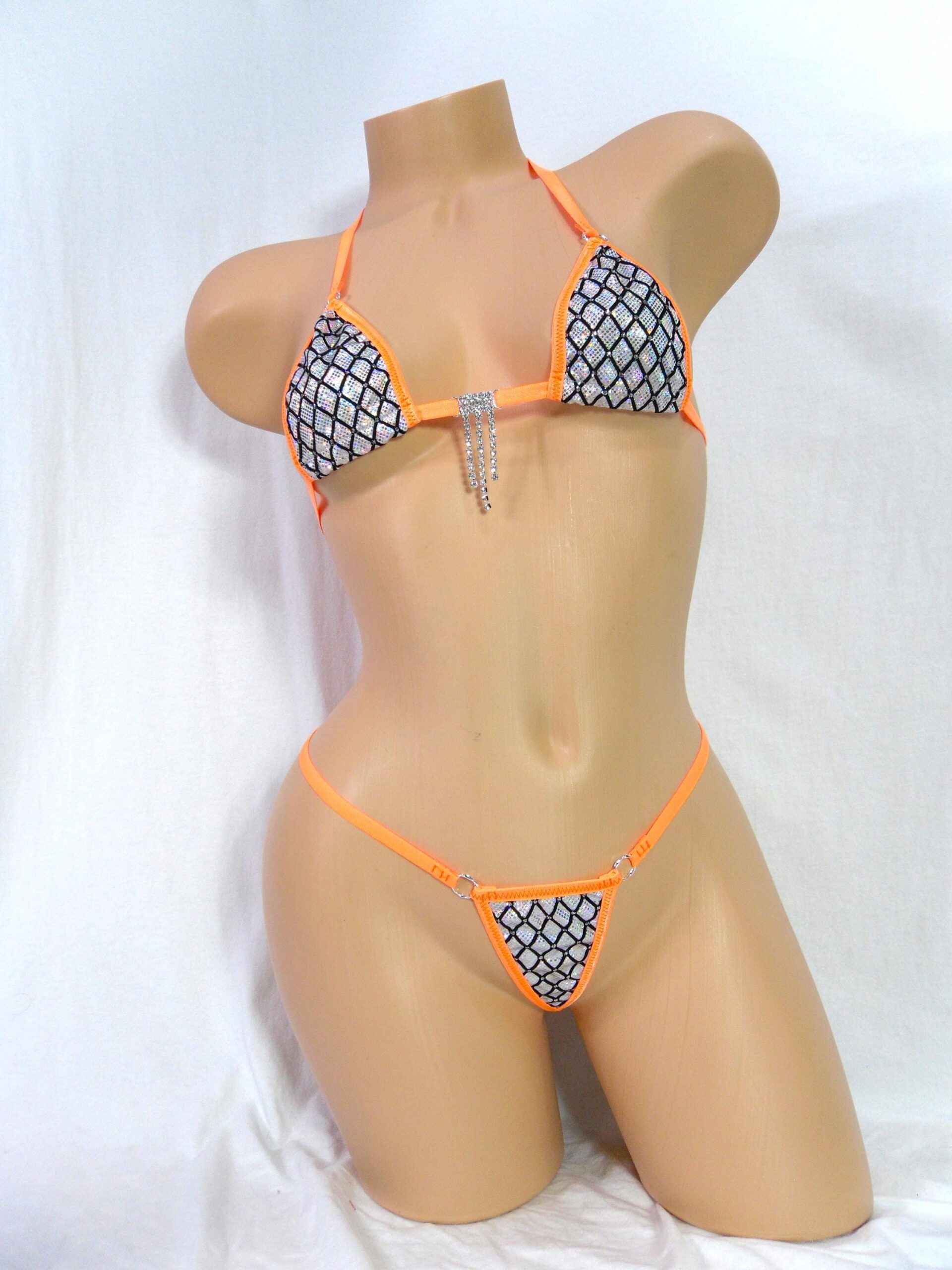 Micro G-String Bikini- Silver Shattered Glass Holographic with Velvet Diamond Flocking and Bling-S/M - Image 5