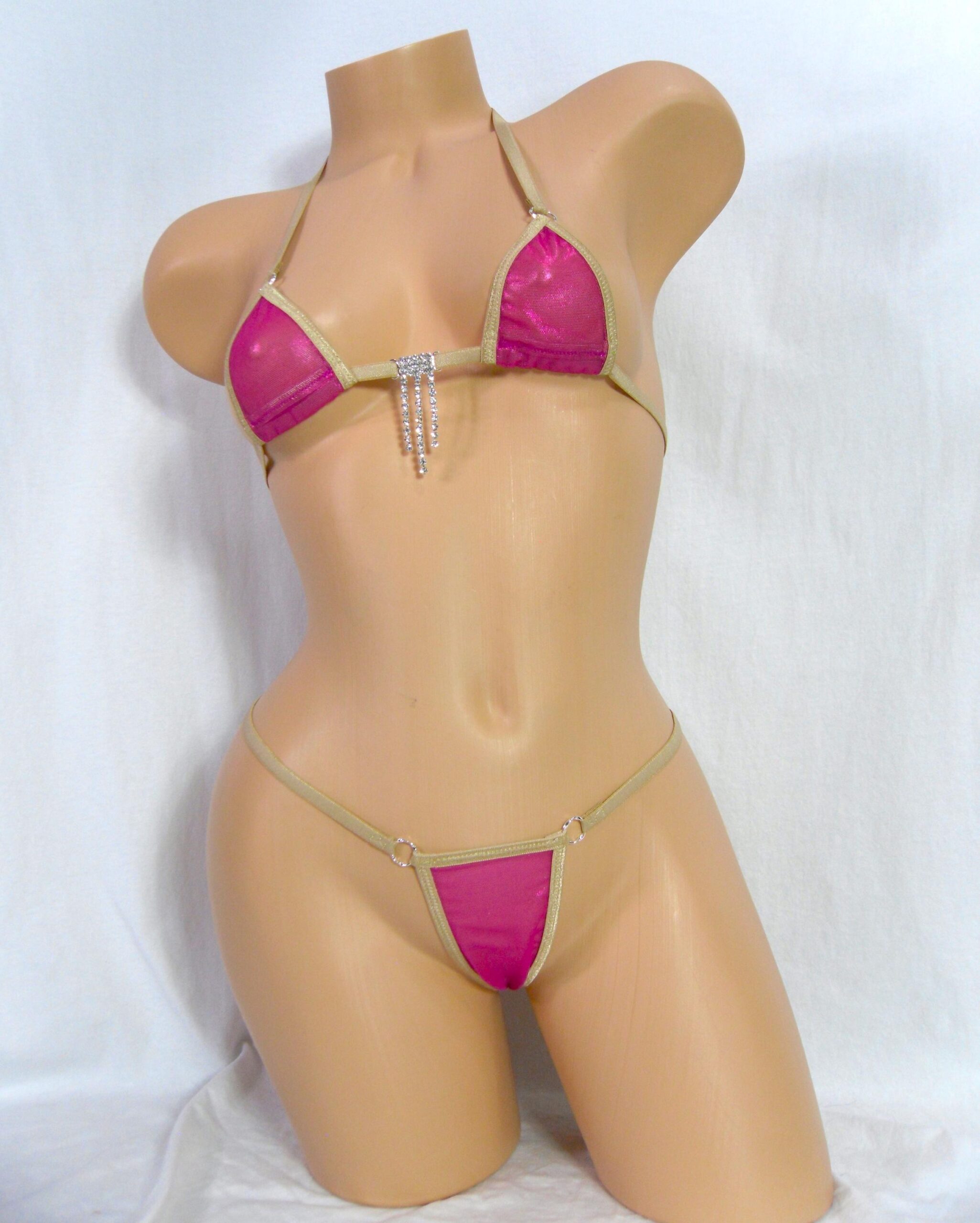 Mini Micro Bikini w/Choice of Comfort G-String-Metallic Mesh-Tan Trim-S/M - Image 5