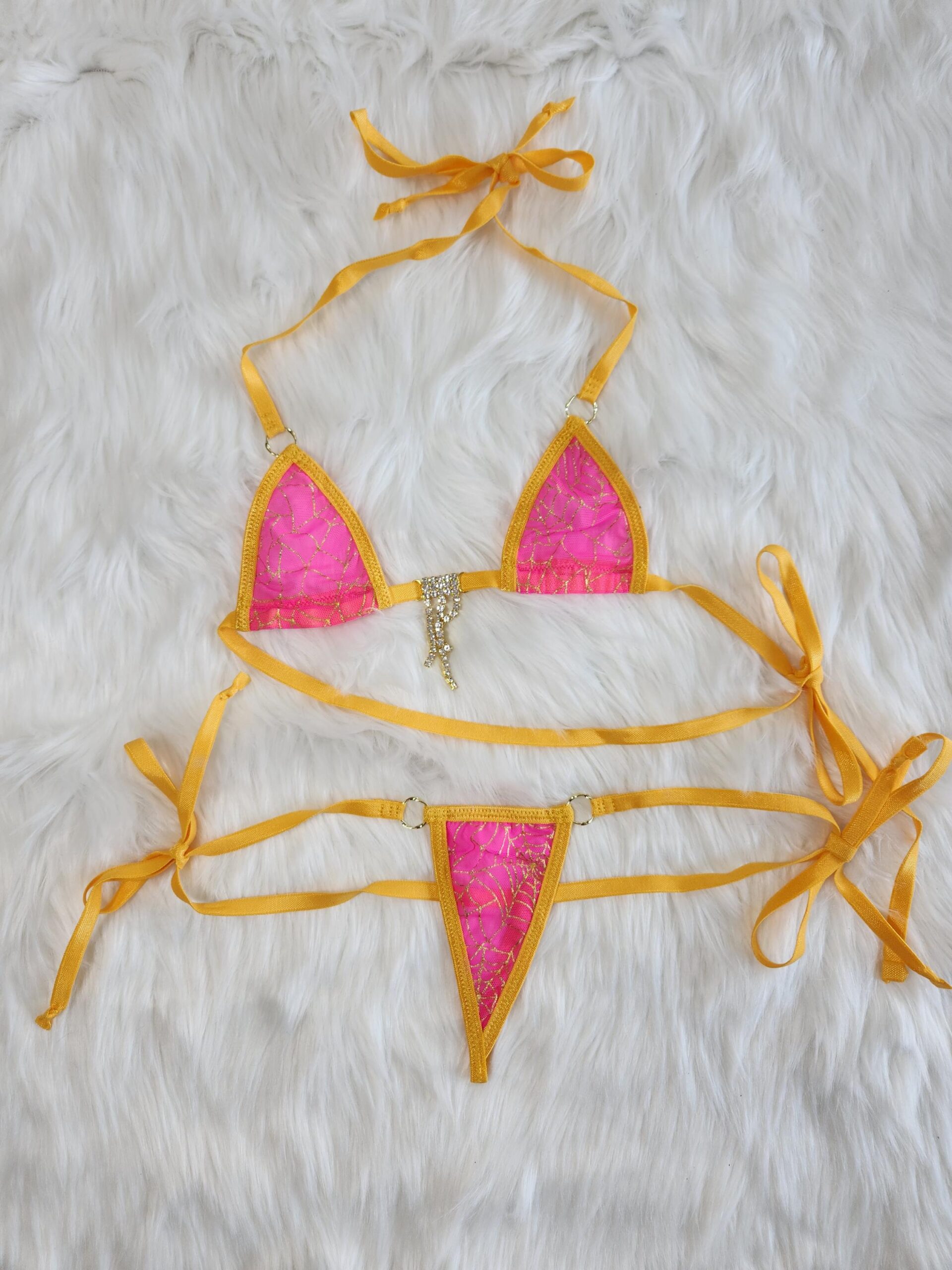 Mini Micro G-String Bikini-Hot Pink Mesh with Gold Spiderweb-Gold Trim-S/M - Image 5