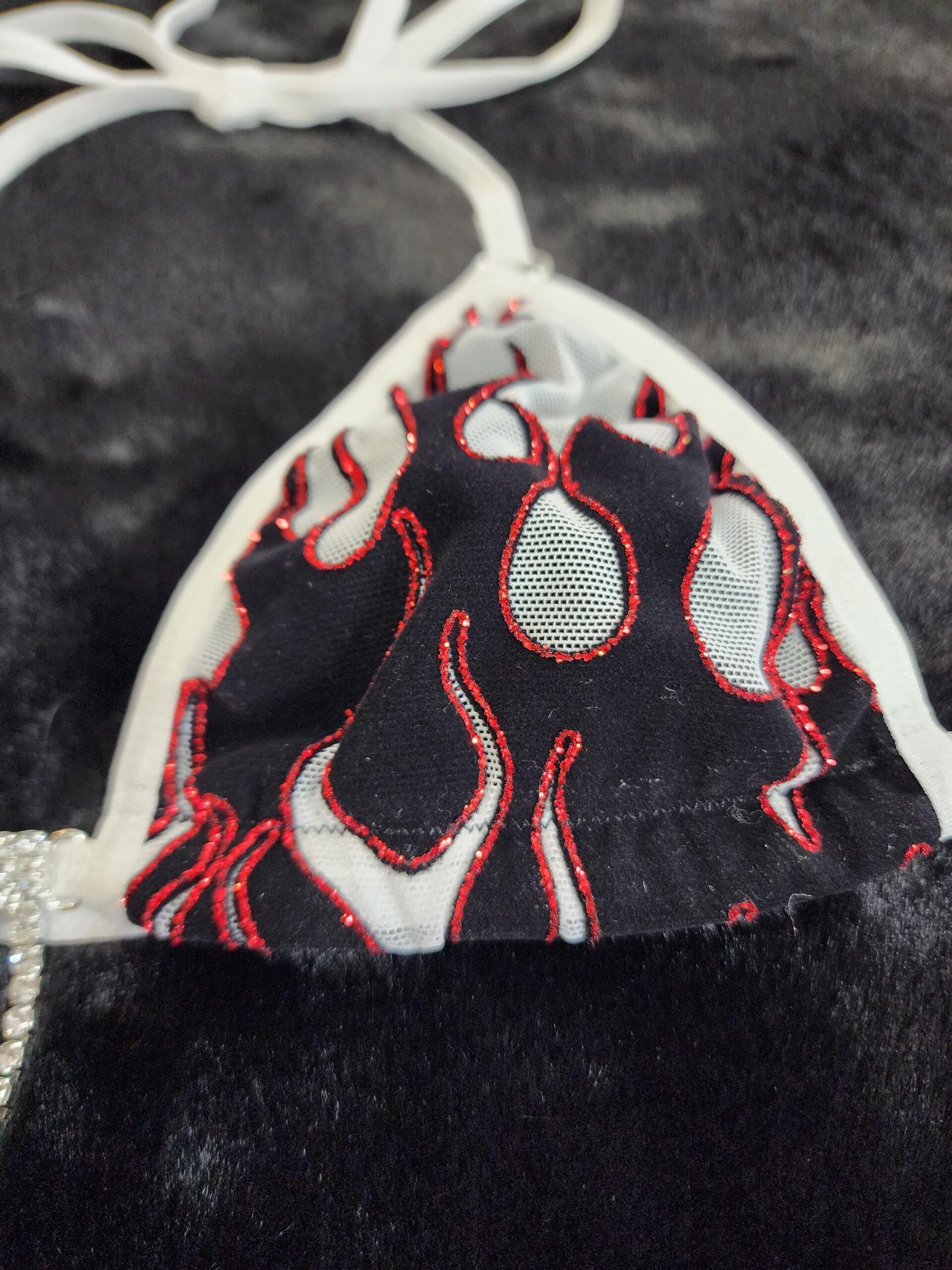 White Mesh with Black Velvet Flames and Red Glitter- Princess Bikini w/ Extended Triangle Back Thong-S/M - Image 6