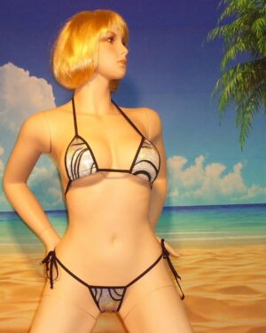 side tie scrunch bikini w/ a micro top black velvet-flocked design on silver HOLOGRAM S/M