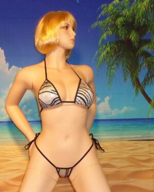 side tie g-string bikini w/standard top black velvet-flocked design on silver HOLOGRAM S/M