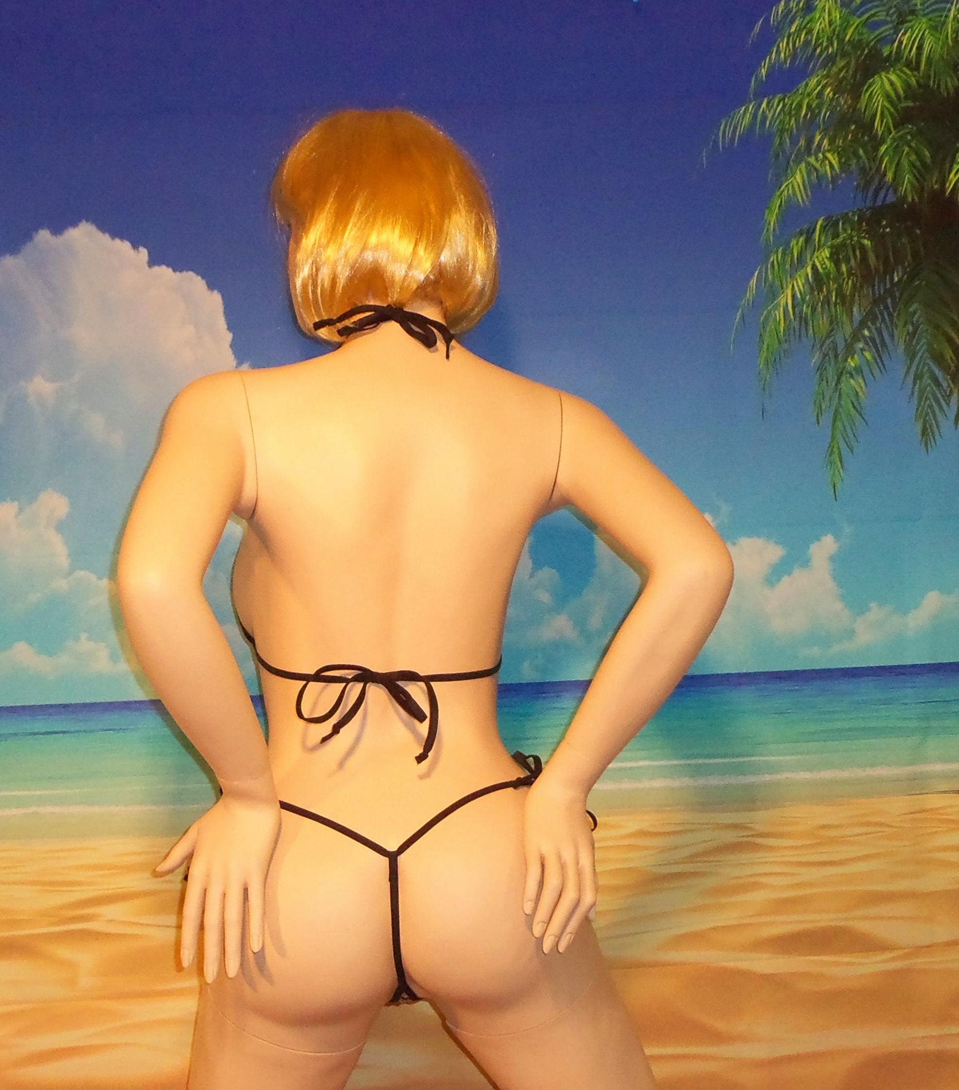 side tie g-string bikini w/mini micro top black velvet-flocked design on silver HOLOGRAM - Image 2