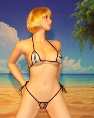 side tie g-string bikini w/mini micro top black velvet-flocked design on silver HOLOGRAM