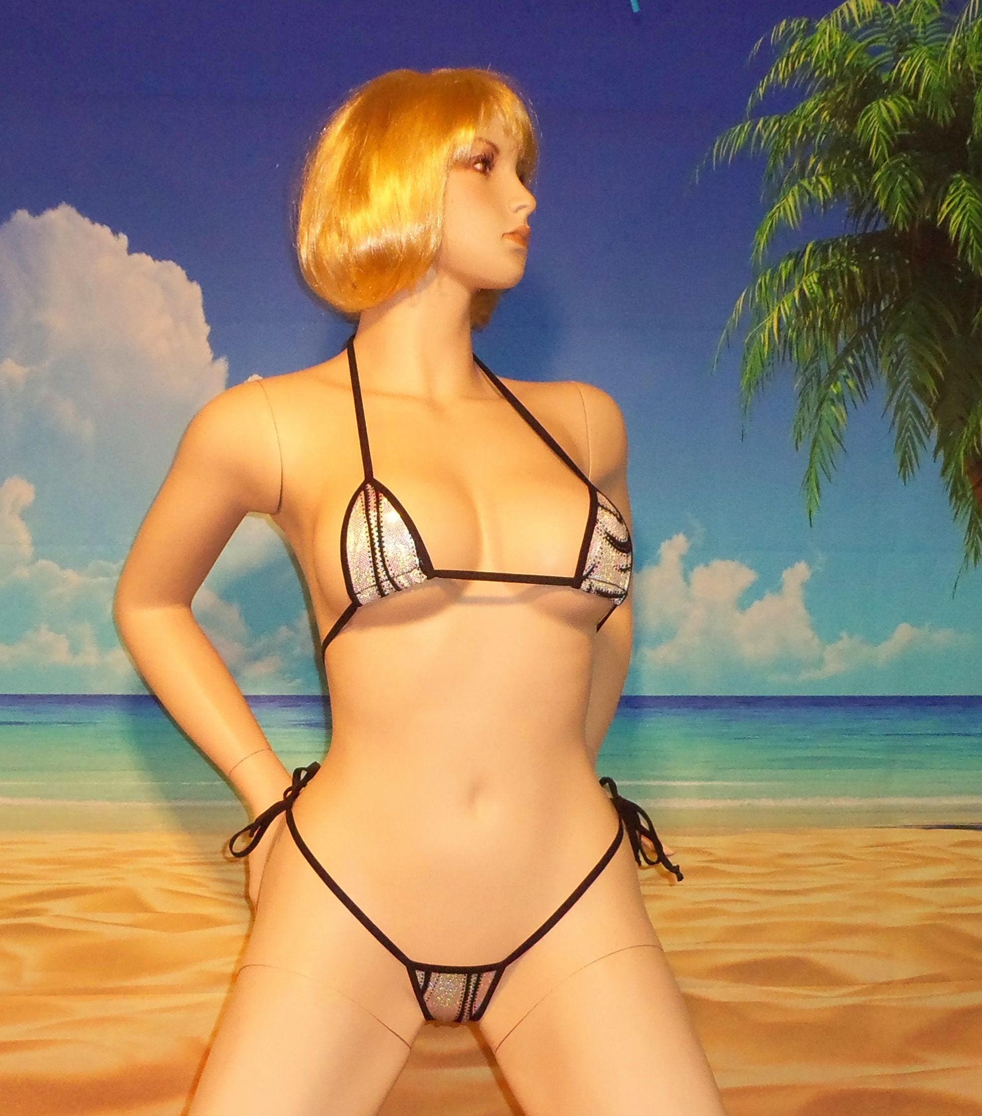 side tie g-string bikini w/mini micro top black velvet-flocked design on silver HOLOGRAM