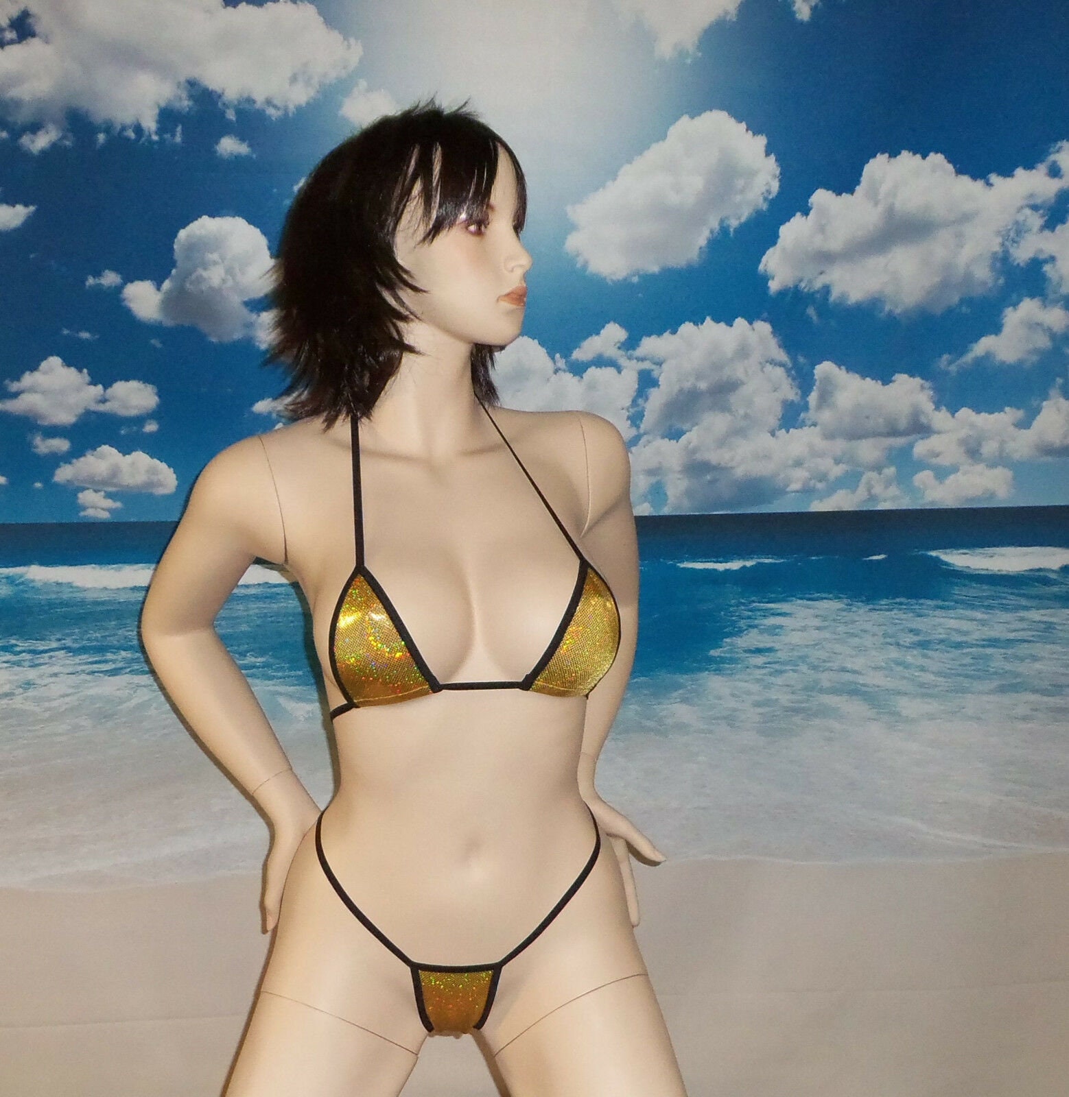 Micro g-string bikini gold holographic extremely sexy made in USA S/M