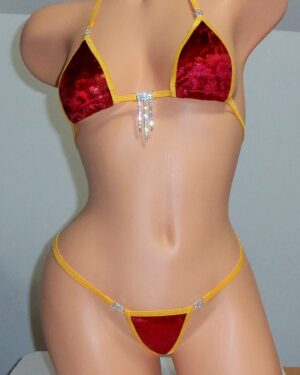 Sexy Micro Bikini with RHINESTONES! Red Mystique Velvet with gold trim S/M