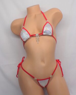 Mini Micro Bikini with Choice of G-String and RHINESTONES!  White Holographic Velvet with red trim S/M