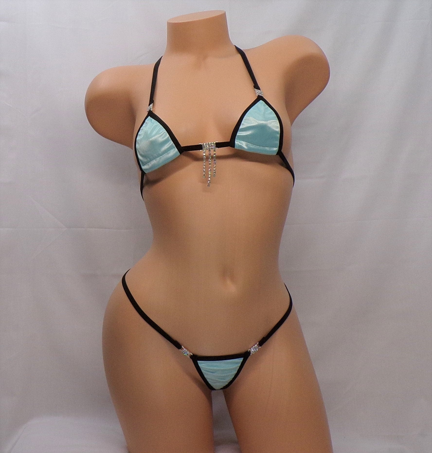 Mini Micro Bikini with RHINESTONES! Baby Blue Satin with black trim S/M