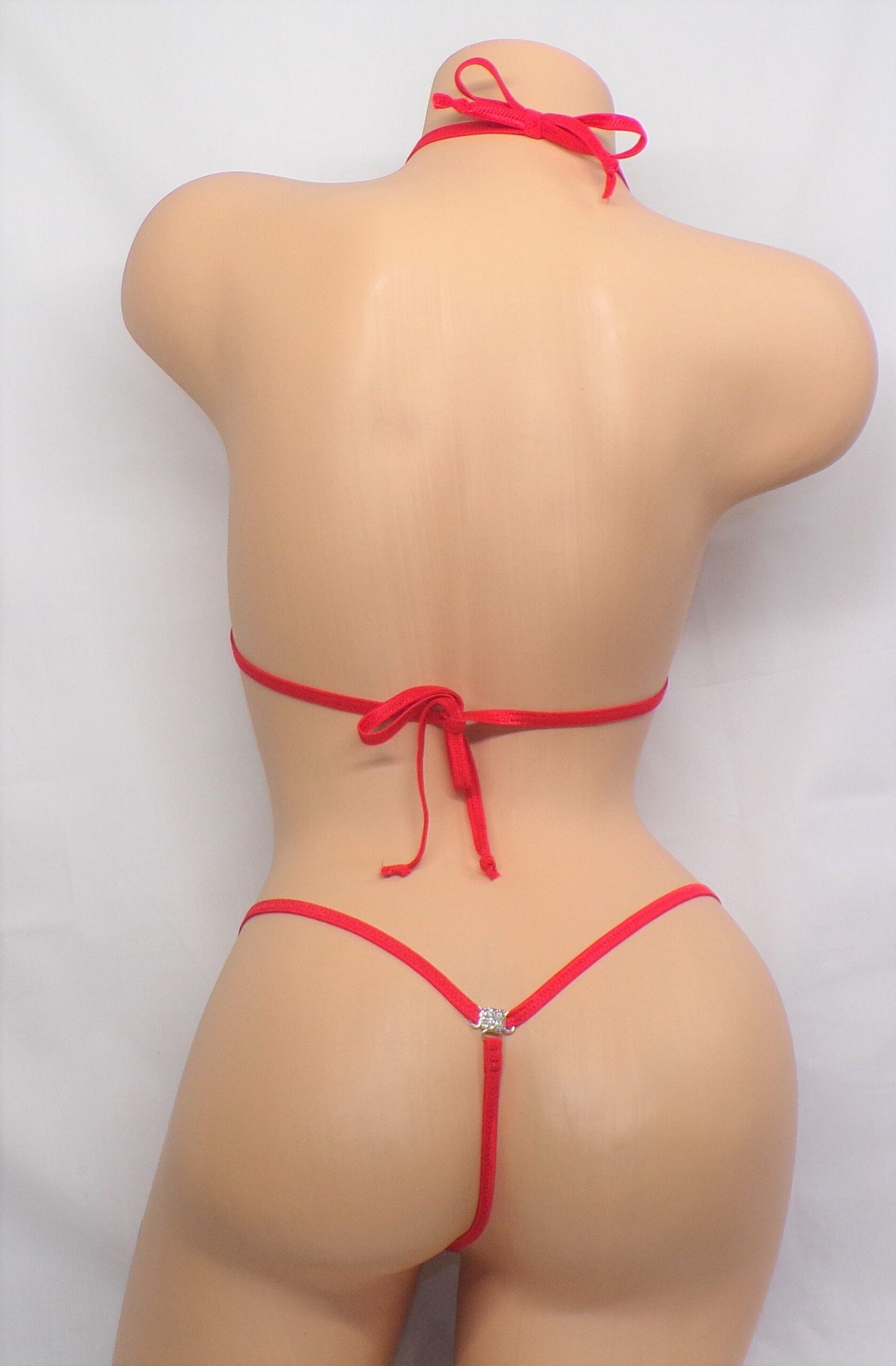Sexy Micro G-String Bikini with RHINESTONES! Black/Gun Metal with Red Trim S/M - Image 2
