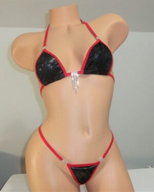 Sexy Micro G-String Bikini with RHINESTONES! Black/Gun Metal with Red Trim S/M