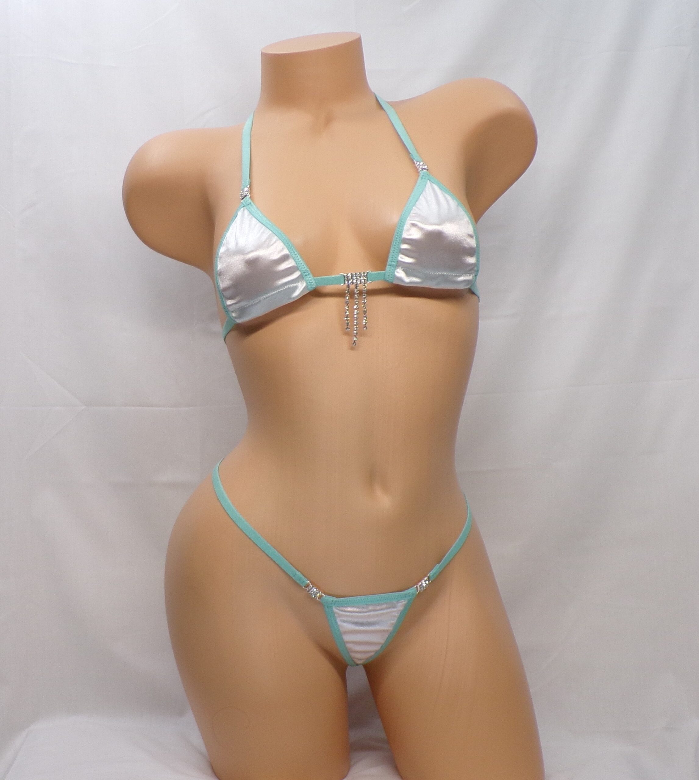 Satin Micro G-String Bikini with RHINESTONES! White Satin with Turquoise Trim S/M