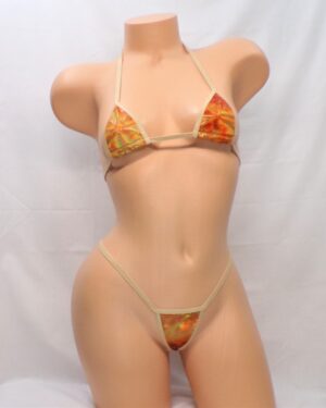 Orange/Gold Holographic Tie-Dye Mini Micro Bikini with G-String in Nude Trim S/M