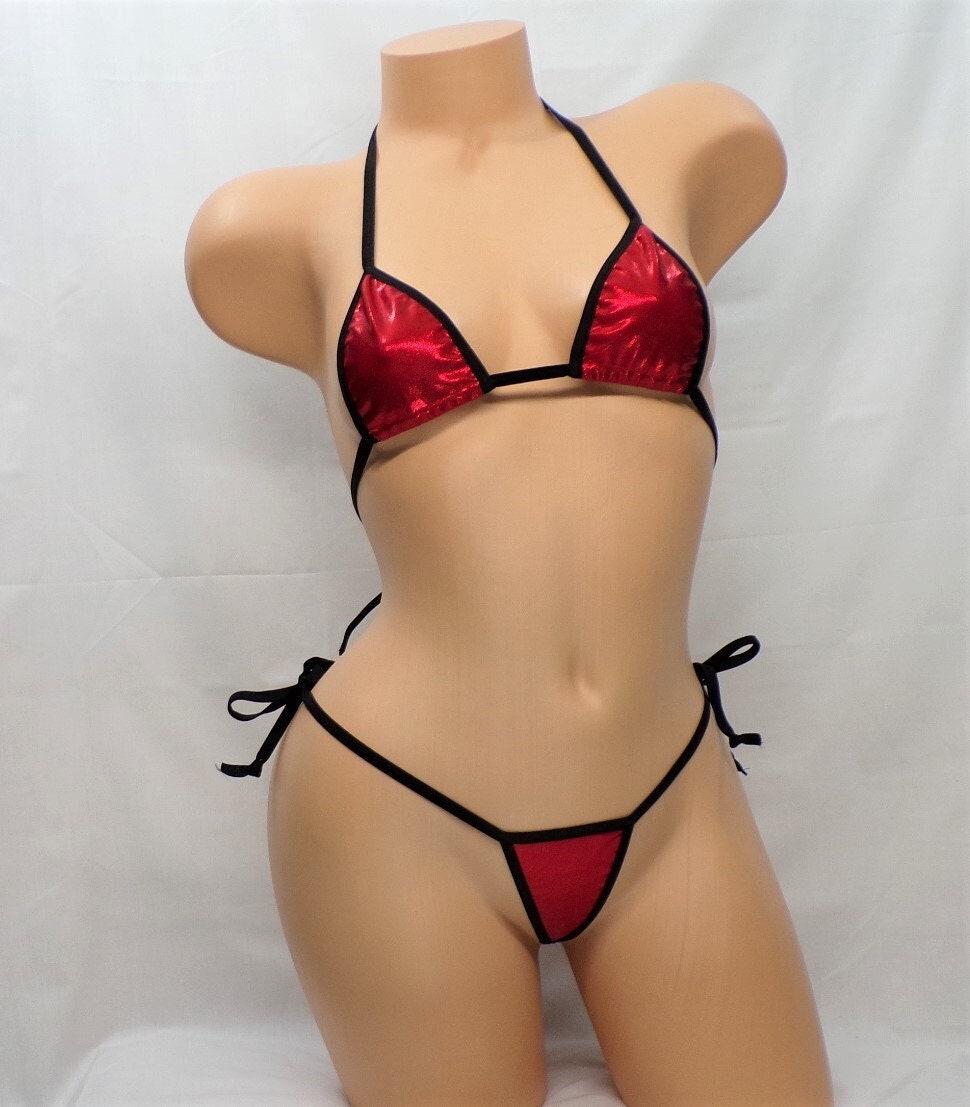 Sexy Micro Bikini with Side Tie G-String in Red Mystique with Black Trim S/M - Image 3