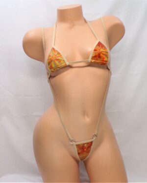 Mini Micro Bikini with Slingshot G-String in Orange/Gold Tie-Dye Holographic with Tan Trim S/M