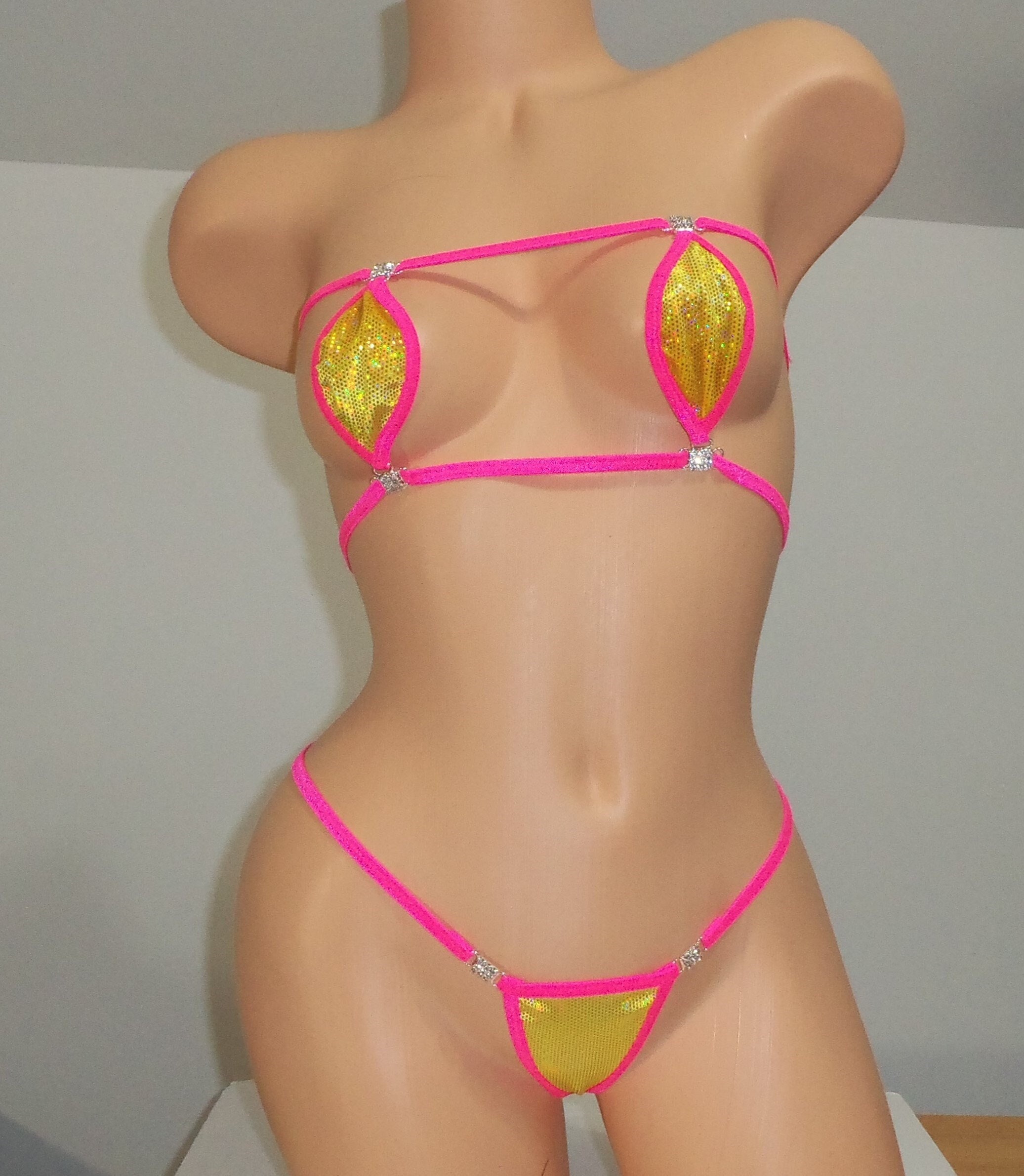 Mini Teardrop Bandeau G-String Bikini with RHINESTONES! Gold Holographic Velvet w/Hot Pink Trim S/M - Image 4