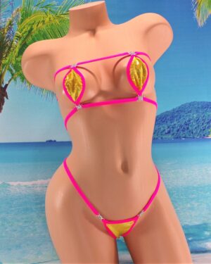 Mini Teardrop Bandeau G-String Bikini with RHINESTONES! Gold Holographic Velvet w/Hot Pink Trim S/M