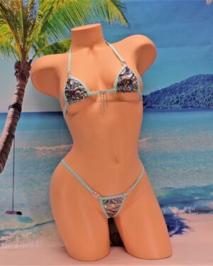 Mini Micro Bikini w/RHINESTONES! G-String- Silver/Black Shattered Glass Holographic with Turquoise trim S/M