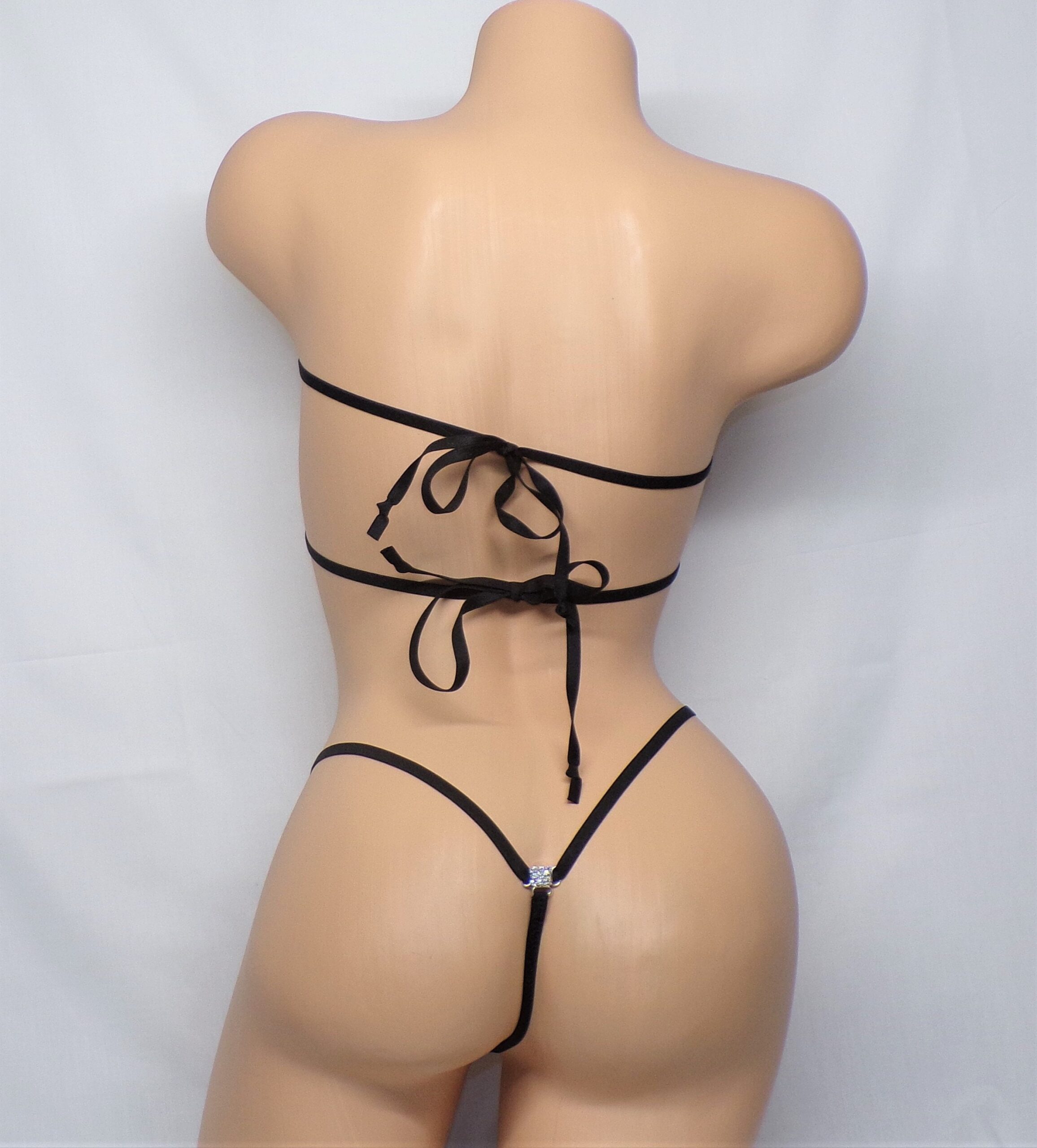 Mini Teardrop Bandeau G-String Bikini w/RHINESTONES! Gold Foil Brocade on Black w/Black Trim S/M - Image 5