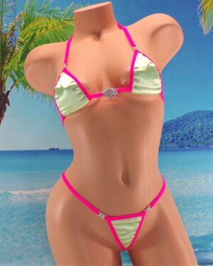 Micro G-String Bikini with RHINESTONES! Mint Green Satin trimmed in Hot Pink S/M
