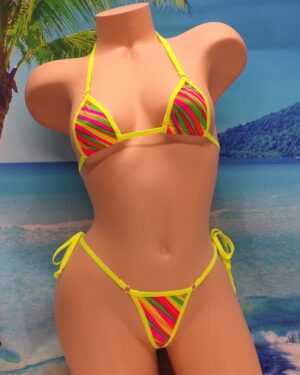 Mini Micro Bikini with Choice of bottom- Neon Stripe- Neon Yellow Trim S/M