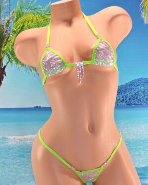 Mini Micro Bikini w/Rhinestones! G-String- Mesh-White/Silver Shattered Glass Holographic with Green Trim S/M