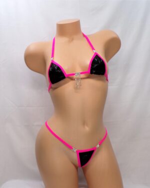 Mini Micro G-String Bikini w/ RHINESTONES! Black Mystique trimmed in Hot Pink S/M