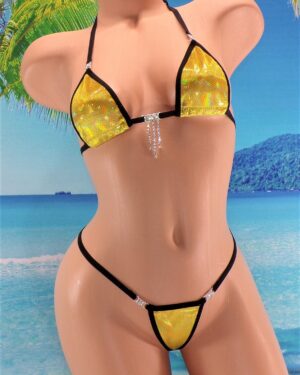 Micro Bikini w/Rhinestones!-Choice of Bottom- Gold Holographic Velvet in Black Trim S/M