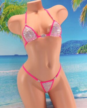Micro Bikini w/Rhinestones! G-String- Mesh-White/Silver Shattered Glass Holographic with Pink Trim S/M