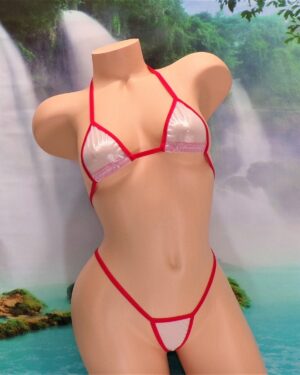 See Thru Micro Bikini w/G-string White Metallic Mesh-Red Trim-S/M