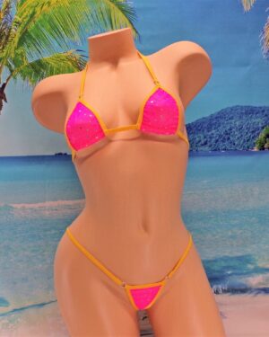 Micro G-string Bikini- Hot Pink Twinkle Mesh trimmed in Gold S/M