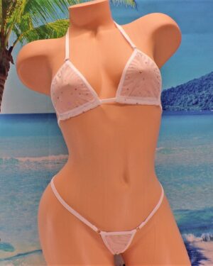 G-string Bikini- White Twinkle Mesh trimmed in white  S/M