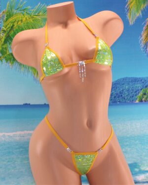 Mini Micro Bikini w/Rhinestones! G-String- Green Holographic Shattered Glass with Gold Trim S/M