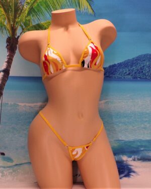 Micro G-string Bikini- Gold, Red and Black Flames trimmed in Gold S/M