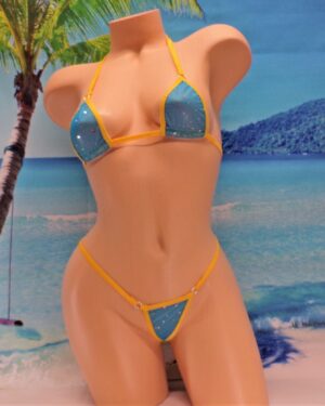 Blue Twinkle Mesh trimmed in Gold-Micro G-string Bikini-S/M