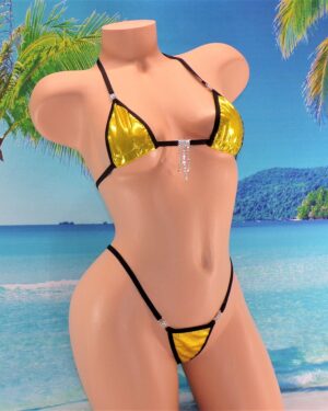 Micro G-String Bikini with RHINESTONES! Yellow Gold Mystique trimmed in Black S/M