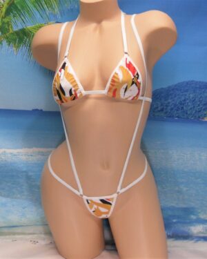 Micro G-string Slingshot Combo Bikini- Gold, Red and Black Flames trimmed in White S/M
