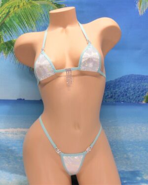 Mini Micro G-String Bikini w/Rhinestones! White Holographic Velvet in Turquoise Trim S/M