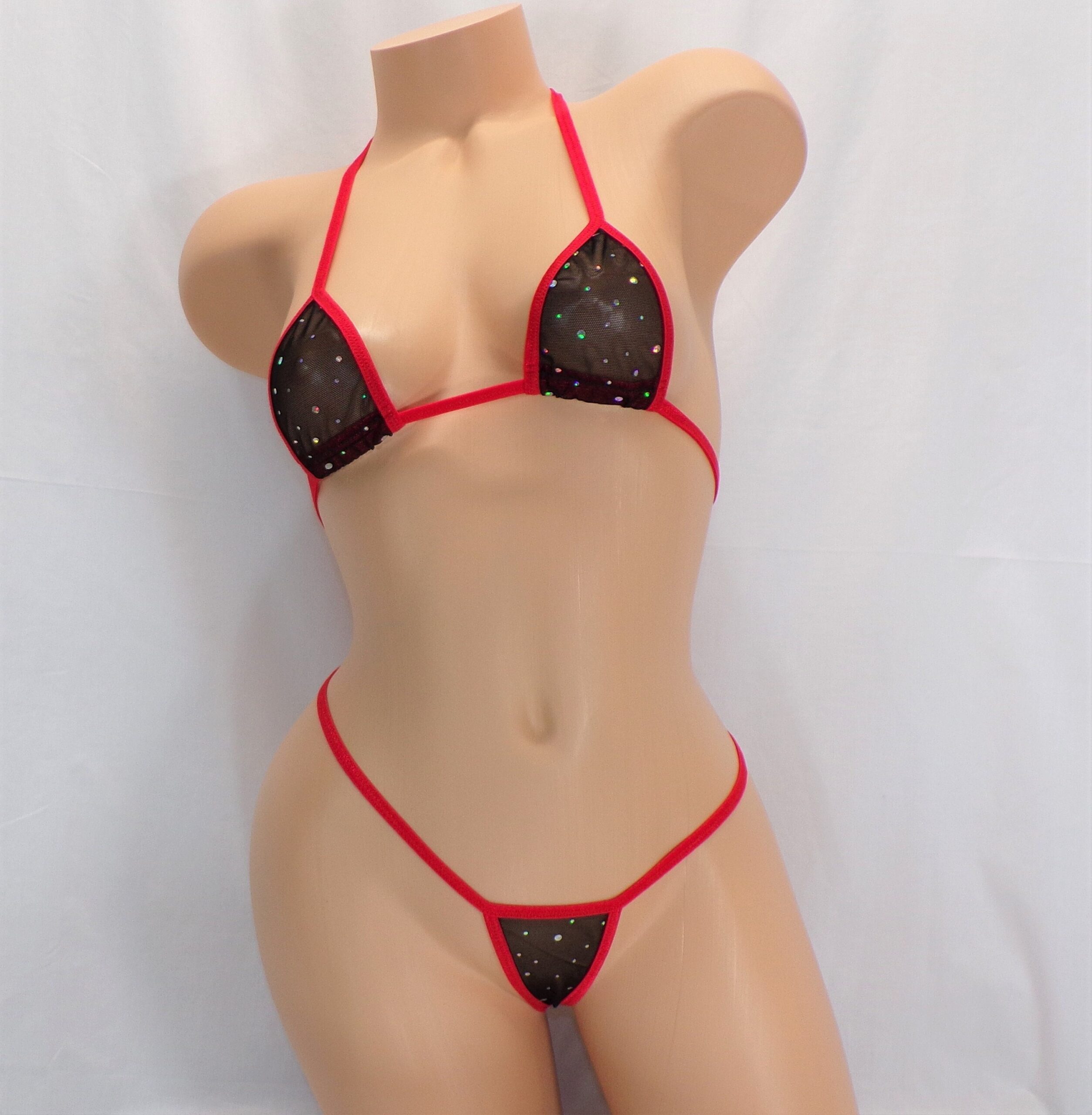 Black Twinkle Mesh trimmed in Red-Micro G-string Bikini- S/M