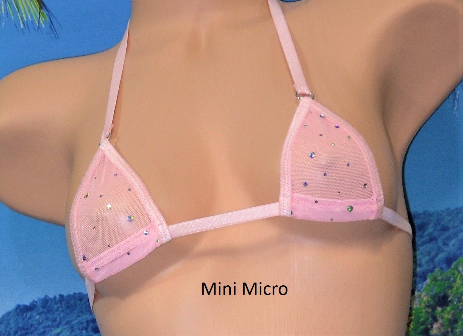 Light Pink Twinkle Mesh trimmed with Light Pink-G-string Slingshot Combo Bikini-Choice of Top- S/M - Image 5