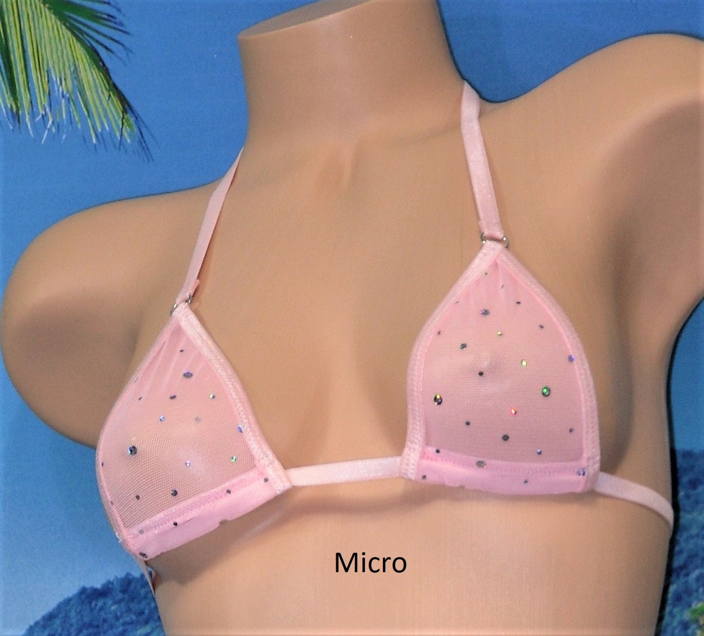 Light Pink Twinkle Mesh trimmed with Light Pink-G-string Slingshot Combo Bikini-Choice of Top- S/M - Image 3